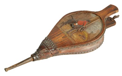 Lot 614 - A PAIR OF MID 19TH CENTURY CARVED ELM FIRE BELLOWS
