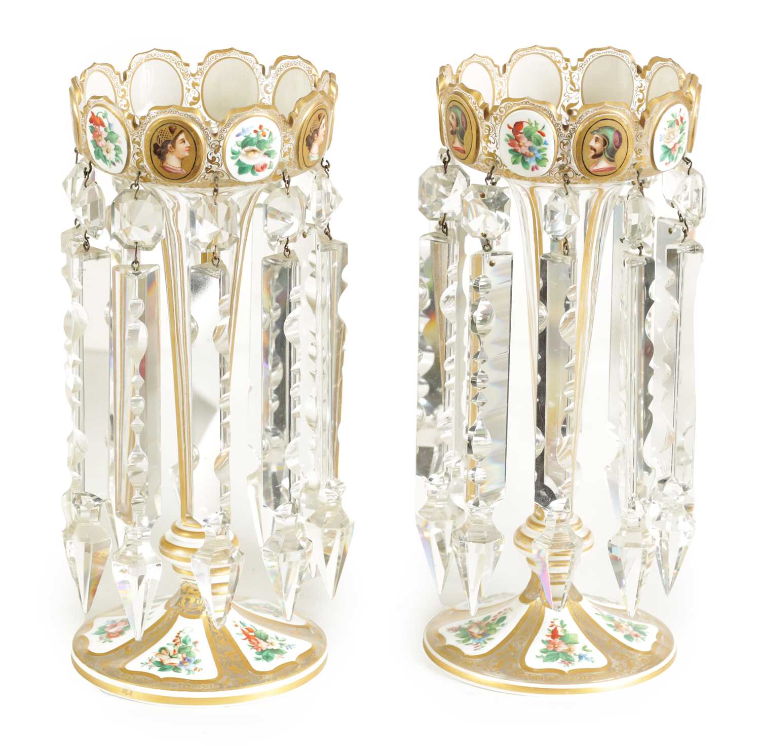 Lot 2 - A GOOD PAIR OF 19TH-CENTURY BOHEMIAN WHITE OVERLAY AND GILT-DECORATED CLEAR GLASS LUSTERS