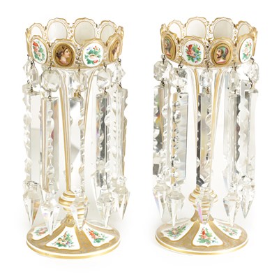 Lot 2 - A GOOD PAIR OF 19TH-CENTURY BOHEMIAN WHITE OVERLAY AND GILT-DECORATED CLEAR GLASS LUSTERS
