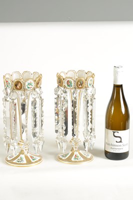 Lot 2 - A GOOD PAIR OF 19TH-CENTURY BOHEMIAN WHITE OVERLAY AND GILT-DECORATED CLEAR GLASS LUSTERS