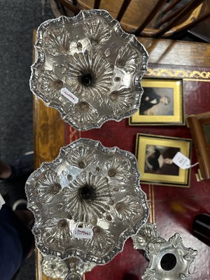 Lot 247 - A FINE SET OF FOUR GEORGE III LARGE CAST SILVER TABLE CANDLE STICKS IN THE ROCOCO MANNER