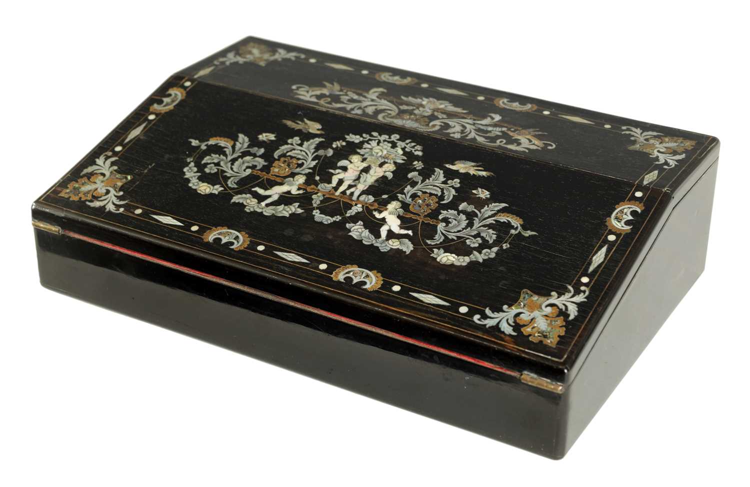 Lot 907 - A GOOD EARLY VICTORIAN EBONISED, BRASS AND MOTHER-OF-PEARL INLAID SLOPE FRONT WRITING BOX