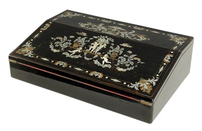 Lot 907 - A GOOD EARLY VICTORIAN EBONISED, BRASS AND MOTHER-OF-PEARL INLAID SLOPE FRONT WRITING BOX