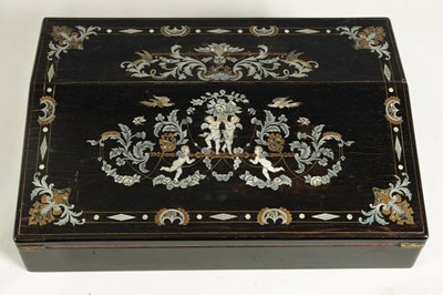 Lot 907 - A GOOD EARLY VICTORIAN EBONISED, BRASS AND MOTHER-OF-PEARL INLAID SLOPE FRONT WRITING BOX