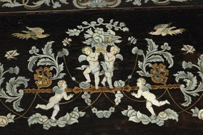 Lot 907 - A GOOD EARLY VICTORIAN EBONISED, BRASS AND MOTHER-OF-PEARL INLAID SLOPE FRONT WRITING BOX