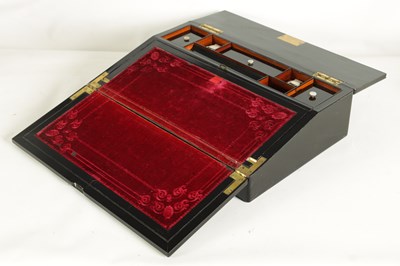 Lot 907 - A GOOD EARLY VICTORIAN EBONISED, BRASS AND MOTHER-OF-PEARL INLAID SLOPE FRONT WRITING BOX