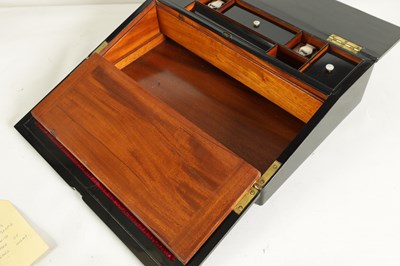Lot 907 - A GOOD EARLY VICTORIAN EBONISED, BRASS AND MOTHER-OF-PEARL INLAID SLOPE FRONT WRITING BOX