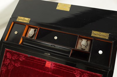 Lot 907 - A GOOD EARLY VICTORIAN EBONISED, BRASS AND MOTHER-OF-PEARL INLAID SLOPE FRONT WRITING BOX