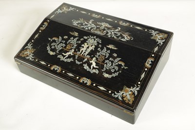 Lot 907 - A GOOD EARLY VICTORIAN EBONISED, BRASS AND MOTHER-OF-PEARL INLAID SLOPE FRONT WRITING BOX