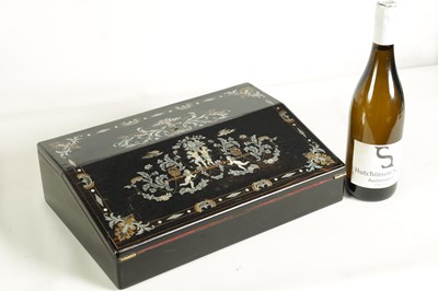 Lot 907 - A GOOD EARLY VICTORIAN EBONISED, BRASS AND MOTHER-OF-PEARL INLAID SLOPE FRONT WRITING BOX