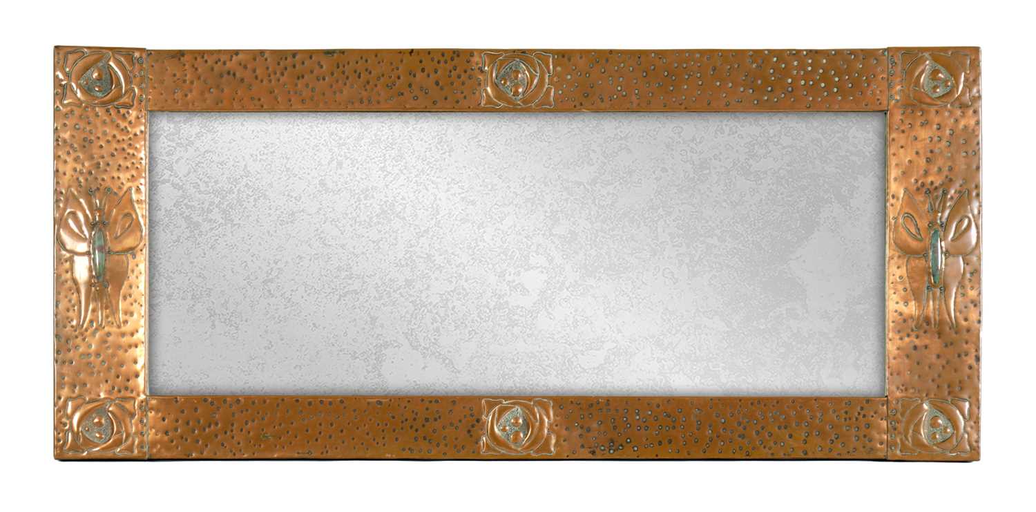 Lot 557 - AN UNUSUAL ARTS AND CRAFTS COPPER OVERMANTEL MIRRORSET WITH RUSKIN STYLE JEWELS
