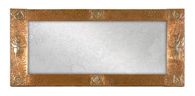 Lot 557 - AN UNUSUAL ARTS AND CRAFTS COPPER OVERMANTEL MIRRORSET WITH RUSKIN STYLE JEWELS