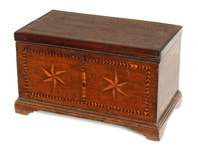 Lot 916 - AN EARLY 19TH CENTURY INLAID OAK APPRENTICE PIECE MINIATURE MULE CHEST