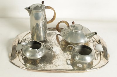 Lot 573 - AN EARLY 20TH CENTURY ARCHIBALD KNOX FOR LIBERTY AND CO. TUDRIC PEWTER TEA SET