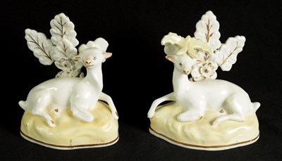 Lot 46 - A PAIR OF EARLY 19TH CENTURY PORCELANEOUS STAFFORDSHIRE ANIMAL FIGURES
