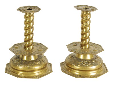 Lot 528 - A PAIR OF 17TH CENTURY DUTCH SHEET BRASS CANDLESTICKS