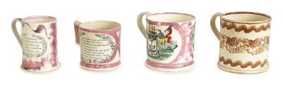 Lot 103 - A 19TH-CENTURY SUNDERLAND CREAM WEAR AND PURPLE LUSTER MUG, A LSUTER WEAR WESLEYAN MUG