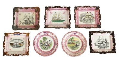 Lot 85 - A COLLECTION OF 5 19TH-CENTURY SUNDERLAND LUSTRE PLAQUES together with A PAIR OF MOORE & Co LUSTER WEAR PLATES