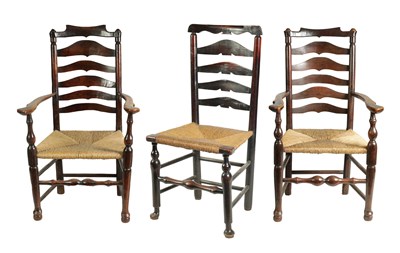 Lot 1492 - A PAIR OF 18TH CENTURY ENGLISH ELM 'MACCLESFIELD' LADDER BACK ARMCHAIRS TOGETHER WITH A MATCHING SINGLE CHAIR