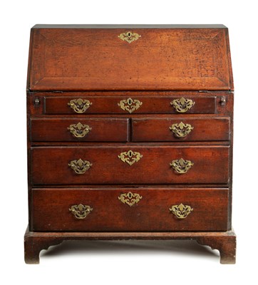 Lot 1496 - AN EARLY 18TH CENTURY OAK BUREAU WITH THREE SHORT DRAWERS