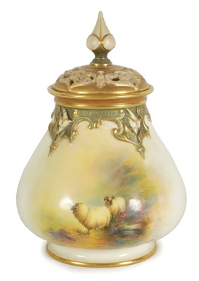 Lot 91 - E. BARKER. A ROYAL WORCESTER GILT EDGED LOBED BULBUS POTPOURRI JAR AND COVER