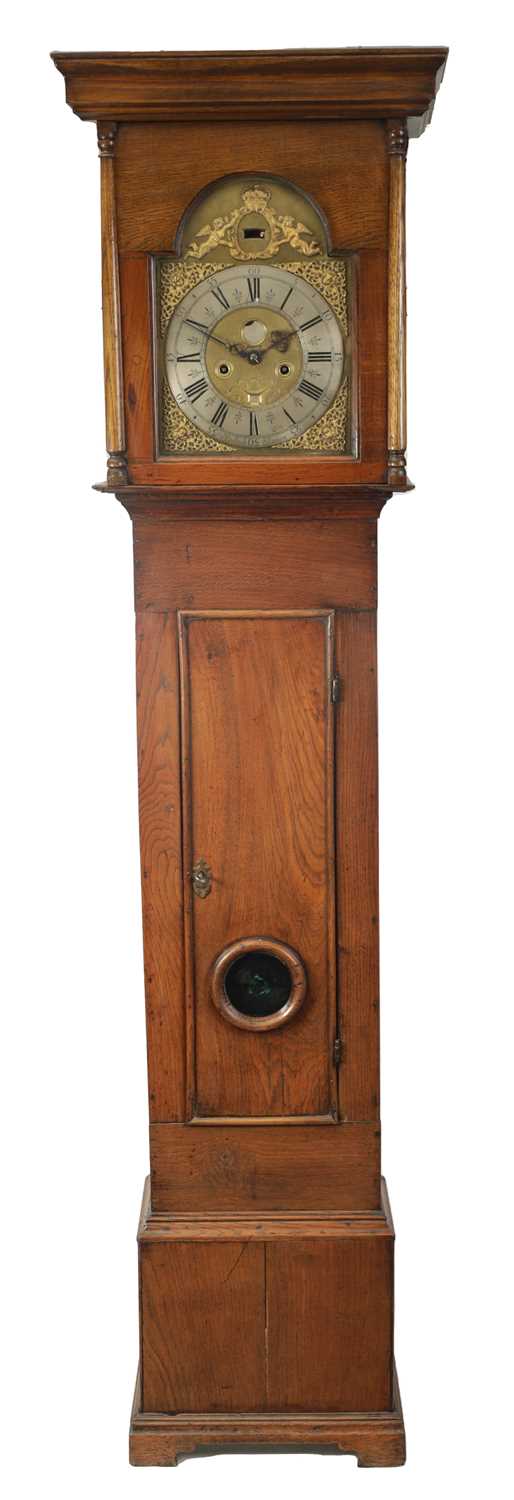 Lot 751 - EDWARD BULLOCK, ELLESMERE. A RARE EARLY 18TH CENTURY OAK CASED ‘PENNY MOON’ LONGCASE CLOCK