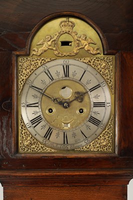 Lot 751 - EDWARD BULLOCK, ELLESMERE. A RARE EARLY 18TH CENTURY OAK CASED ‘PENNY MOON’ LONGCASE CLOCK