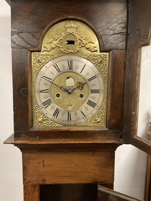 Lot 751 - EDWARD BULLOCK, ELLESMERE. A RARE EARLY 18TH CENTURY OAK CASED ‘PENNY MOON’ LONGCASE CLOCK