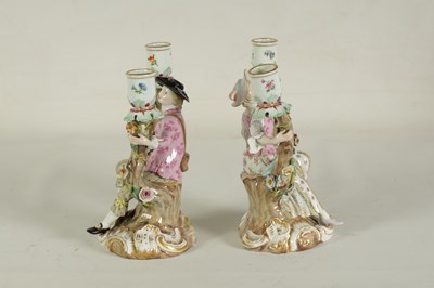 Lot 68 - A PAIR OF MID/LATE 19TH CENTURY MEISSEN FIGURAL TWO-BRANCH CANDELABRA