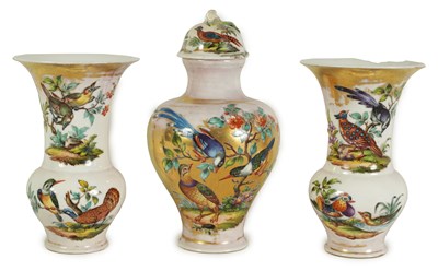 Lot 97 - A GARNITURE OF THREE LATE 19TH CENTURY MEISSEN-STYLE VASES