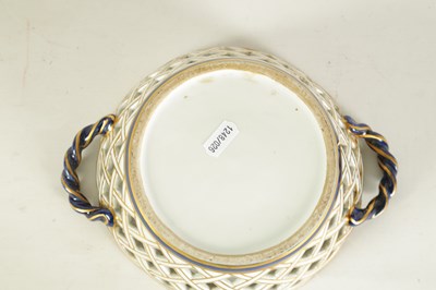 Lot 30 - A 19TH CENTURY FIRST PERIOD WORCESTER TYPE TWO-HANDLED LATTICEWORK BASKET