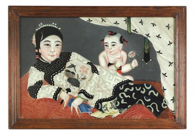 Lot 129 - A MID 19TH CENTURY CHINESE REVERSE PAINTING ON GLASS
