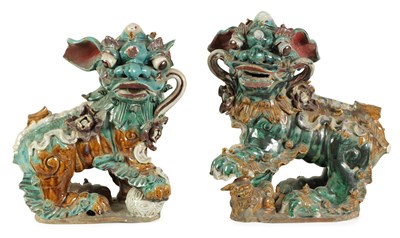 Lot 137 - A LARGE PAIR OF 19TH CENTURY GLAZED TERRACOTTA DOGS OF FO