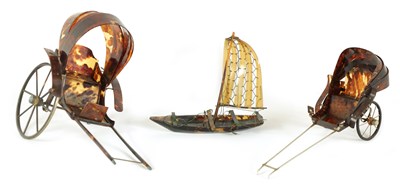 Lot 624 - TWO MINIATURE TORTOISESHELL HAND-DRAWN RICKSHAWS