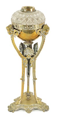 Lot 595 - AN ORNATE 19TH-CENTURY CAST BRASS AND HOBNAIL CUT GLASS OIL LAMP