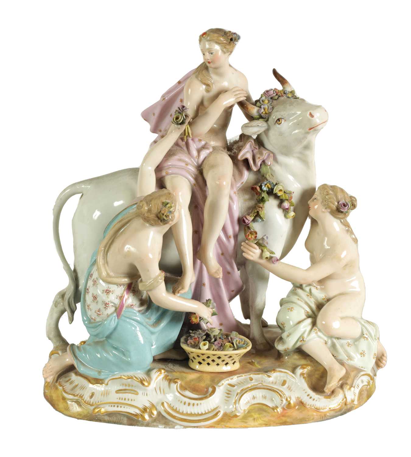 Lot 80 - A 19TH CENTURY MEISSEN FIGURE GROUP OF A BULL WITH A SEATED LADY RIDER AND A FLOWER SELLER