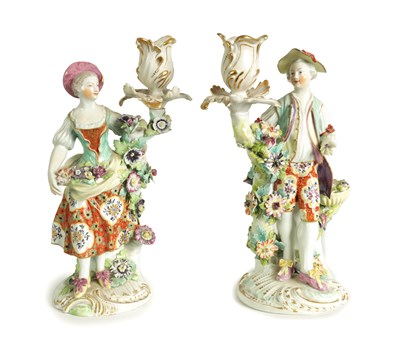 Lot 48 - A PAIR OF 19TH CENTURY DERBY FIGURAL CANDLESTICKS