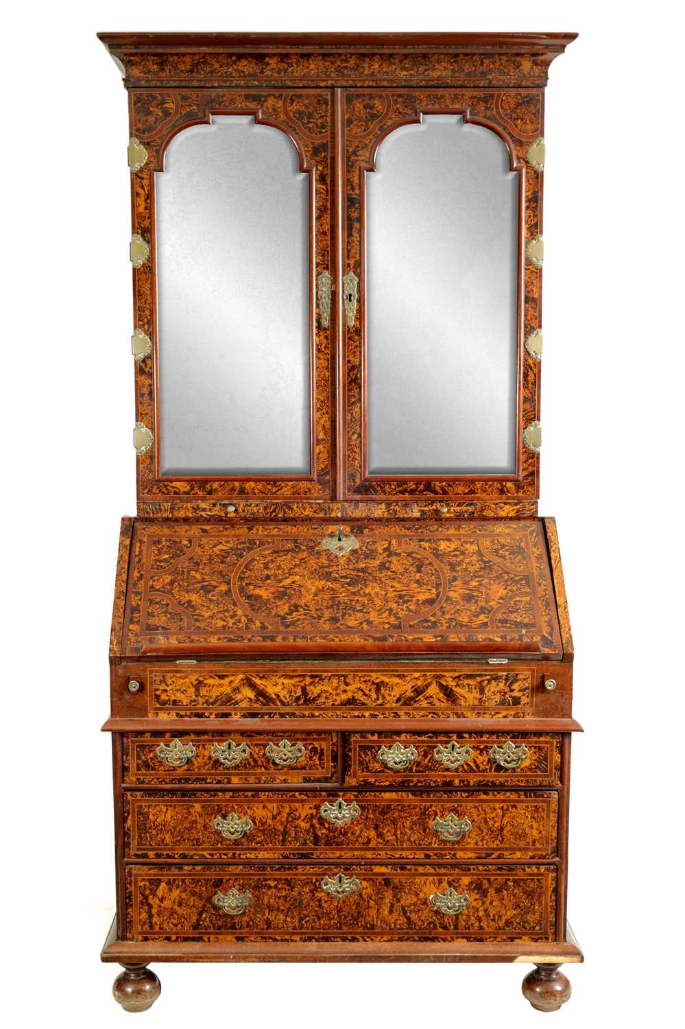 Lot 1020 - A RARE GEORGE I KINGWOOD CROSS-BANDED AND GEOMETRICALLY INLAID MULBERRY VENEERED BUREAU BOOKCASE IN THE MANNER OF COXED AND WOSTER