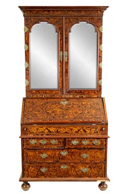 Lot 1020 - A RARE GEORGE I KINGWOOD CROSS-BANDED AND GEOMETRICALLY INLAID MULBERRY VENEERED BUREAU BOOKCASE IN THE MANNER OF COXED AND WOSTER