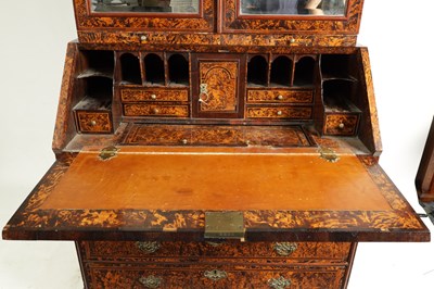 Lot 1020 - A RARE GEORGE I KINGWOOD CROSS-BANDED AND GEOMETRICALLY INLAID MULBERRY VENEERED BUREAU BOOKCASE IN THE MANNER OF COXED AND WOSTER