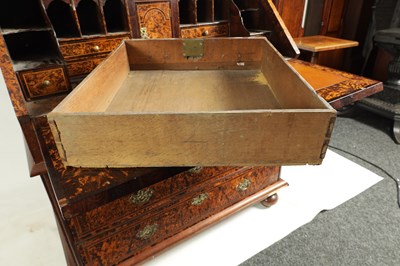 Lot 1020 - A RARE GEORGE I KINGWOOD CROSS-BANDED AND GEOMETRICALLY INLAID MULBERRY VENEERED BUREAU BOOKCASE IN THE MANNER OF COXED AND WOSTER