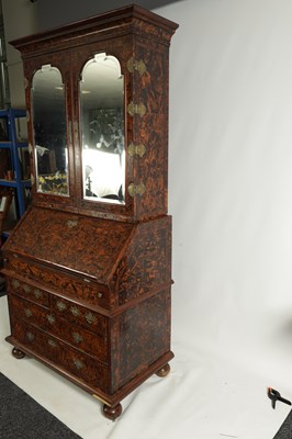 Lot 1020 - A RARE GEORGE I KINGWOOD CROSS-BANDED AND GEOMETRICALLY INLAID MULBERRY VENEERED BUREAU BOOKCASE IN THE MANNER OF COXED AND WOSTER