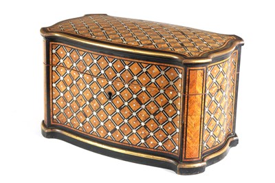 Lot 867 - TAHAN, PARIS. A FINE 19TH CENTURY KINGWOOD AND MOTHER OF PEARL PARQUETRY EBONY BANDED AND BRASS BOUND SERPENTINE TEA CADDY