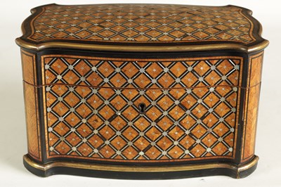 Lot 867 - TAHAN, PARIS. A FINE 19TH CENTURY KINGWOOD AND MOTHER OF PEARL PARQUETRY EBONY BANDED AND BRASS BOUND SERPENTINE TEA CADDY