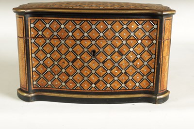 Lot 867 - TAHAN, PARIS. A FINE 19TH CENTURY KINGWOOD AND MOTHER OF PEARL PARQUETRY EBONY BANDED AND BRASS BOUND SERPENTINE TEA CADDY