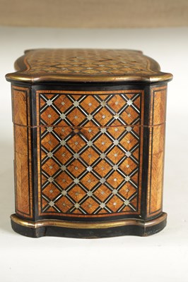 Lot 867 - TAHAN, PARIS. A FINE 19TH CENTURY KINGWOOD AND MOTHER OF PEARL PARQUETRY EBONY BANDED AND BRASS BOUND SERPENTINE TEA CADDY