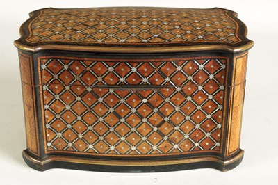 Lot 867 - TAHAN, PARIS. A FINE 19TH CENTURY KINGWOOD AND MOTHER OF PEARL PARQUETRY EBONY BANDED AND BRASS BOUND SERPENTINE TEA CADDY