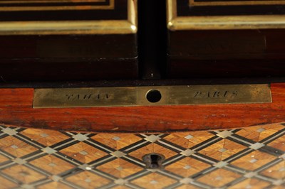 Lot 867 - TAHAN, PARIS. A FINE 19TH CENTURY KINGWOOD AND MOTHER OF PEARL PARQUETRY EBONY BANDED AND BRASS BOUND SERPENTINE TEA CADDY