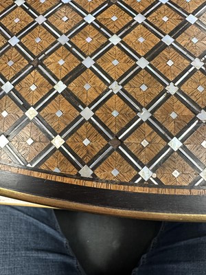 Lot 867 - TAHAN, PARIS. A FINE 19TH CENTURY KINGWOOD AND MOTHER OF PEARL PARQUETRY EBONY BANDED AND BRASS BOUND SERPENTINE TEA CADDY