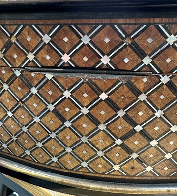 Lot 867 - TAHAN, PARIS. A FINE 19TH CENTURY KINGWOOD AND MOTHER OF PEARL PARQUETRY EBONY BANDED AND BRASS BOUND SERPENTINE TEA CADDY